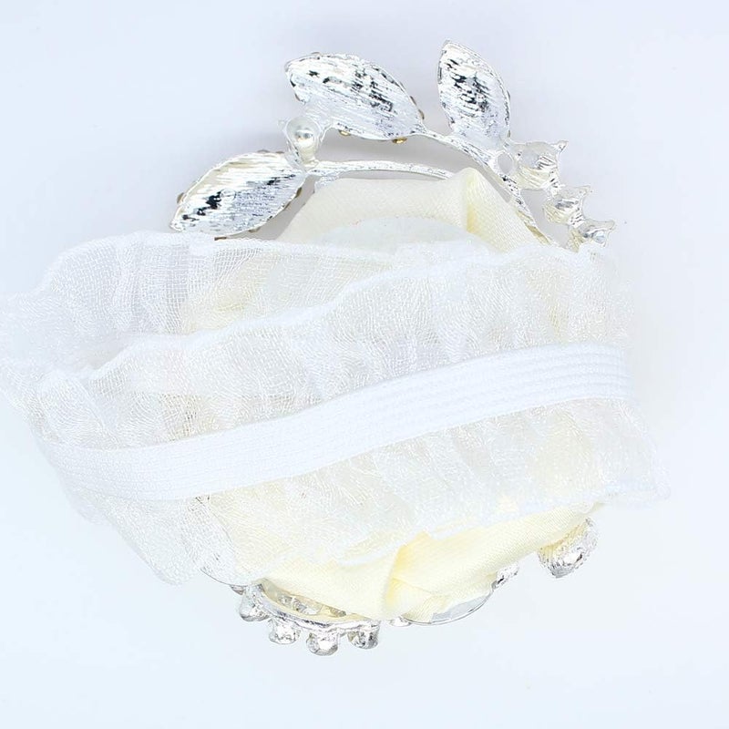 DOTKV Artificial Wrist Silk Flower Boutonniere Wrist Bouquet Corsage Flower with Peal and Diamond for Wedding Decor,Cocktail Party 1pcs (SilverIvory_Wrist) - Image 3